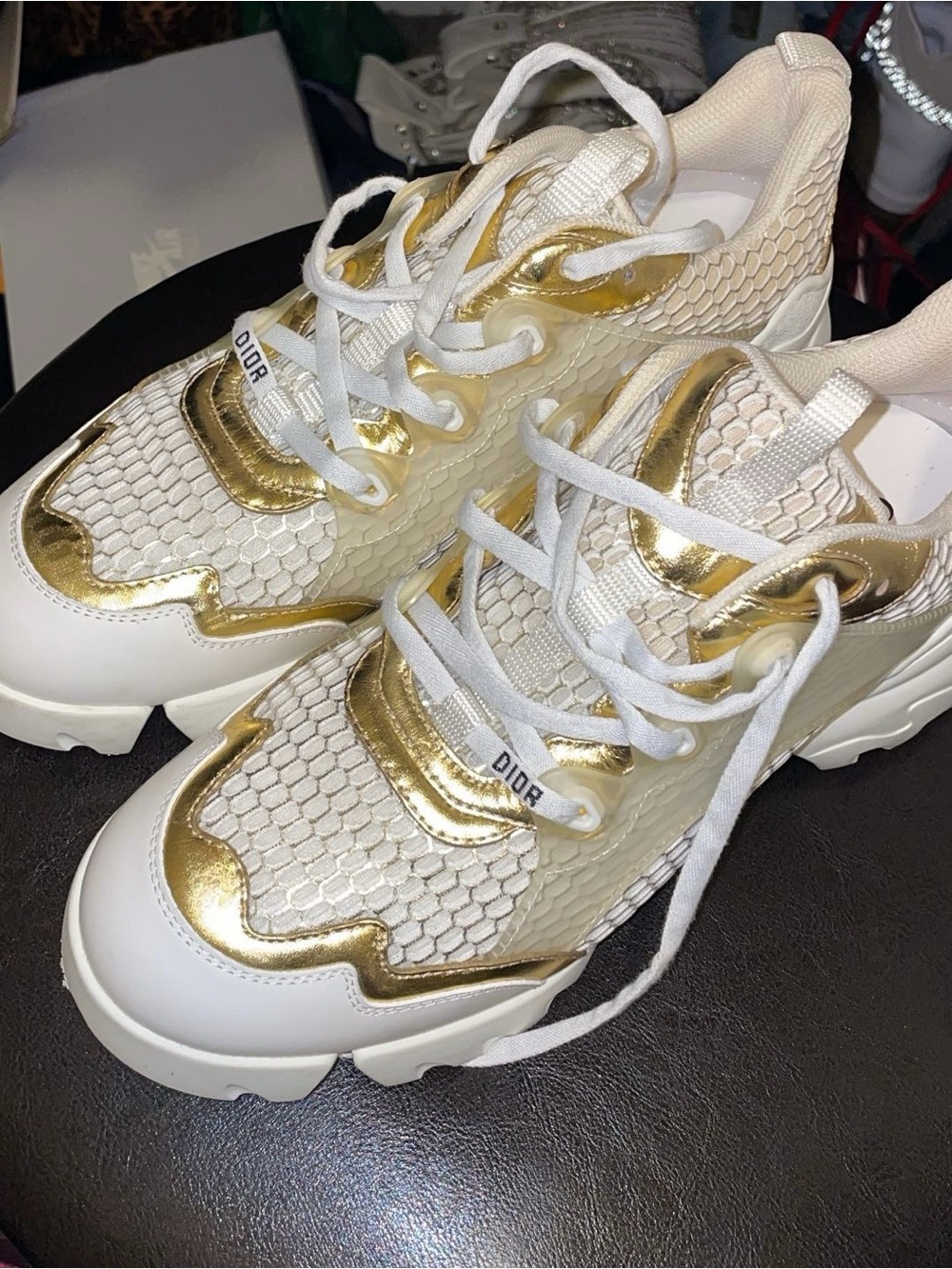 Dior White Sneakers with Gold Metallic Accents